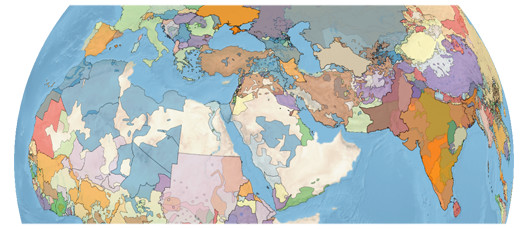 Enlarged view: World map showing settlement patterns of ethnic groups.